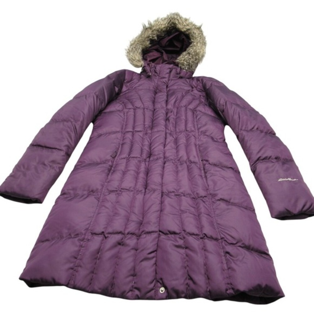 Eddie Bauer Down Jacket Womens‎ Small Purple Faux Fur Hooded Quilted Puffer